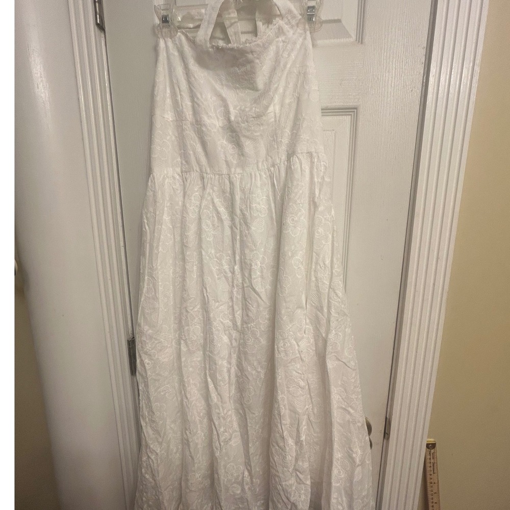RIHOAS White Embroidered Cotton Halter Maxi Dress XL Floral Eyelet Tiered New